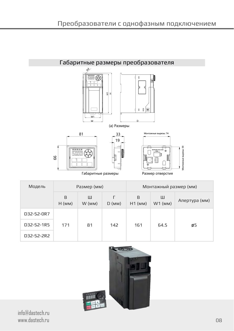 Габаритные и установочные размеры D32-S2 Dastech D32-S2-2R2